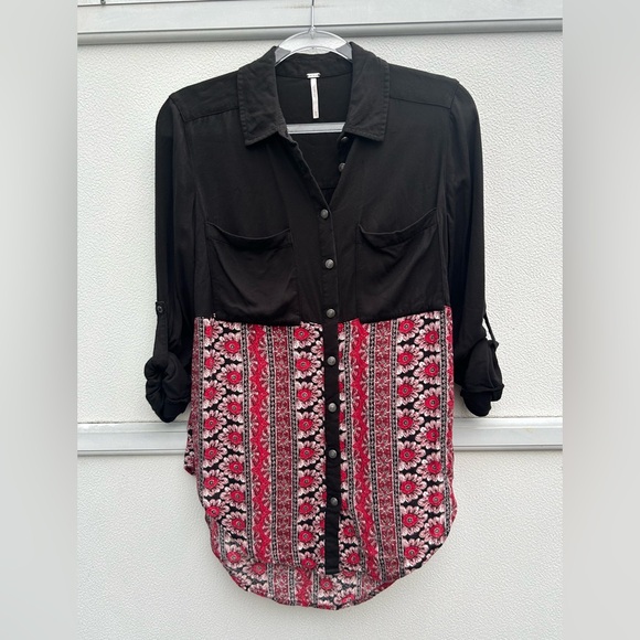 Free People Top XS Western Boho Button Front Red/black Welcome To The Jungle Top - Picture 3 of 12
